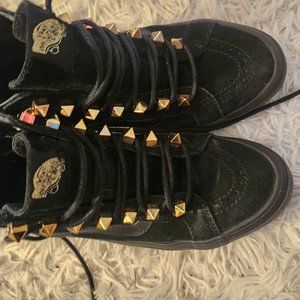 Vans Black Suede leather Gold Studded platform luxury sk8 hi womens 7 mens 5.5